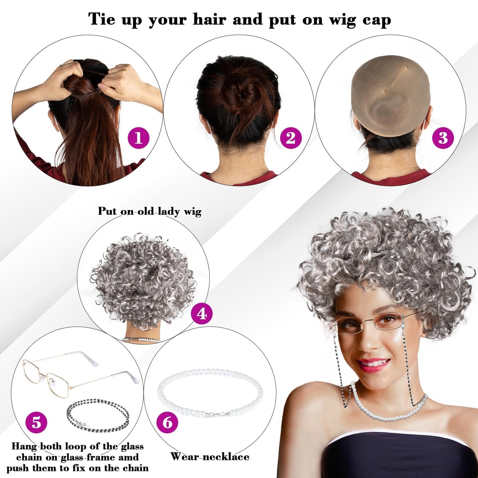 Granny Wig Old Lady Costume Set Elderly Woman Accessories Fun Wigs Light Gray
