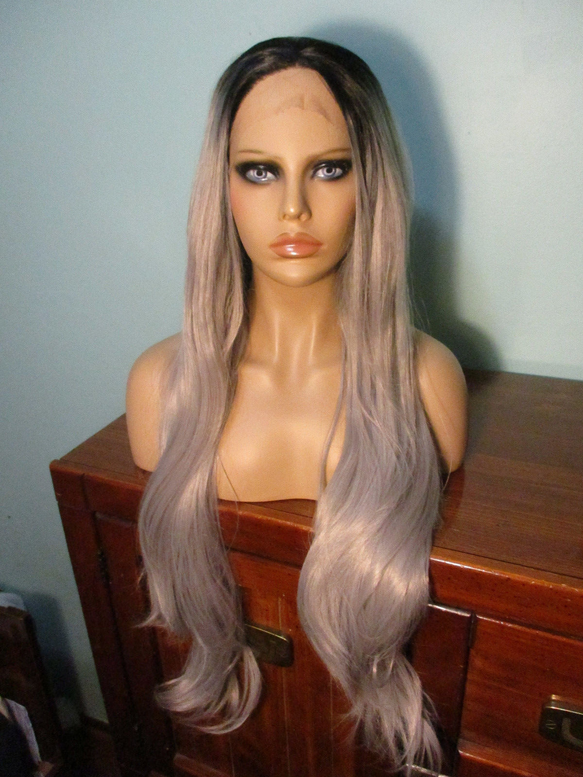 24″ long sleek GRAY with BLACK ROOTS lace front hand tied wig – Miranda