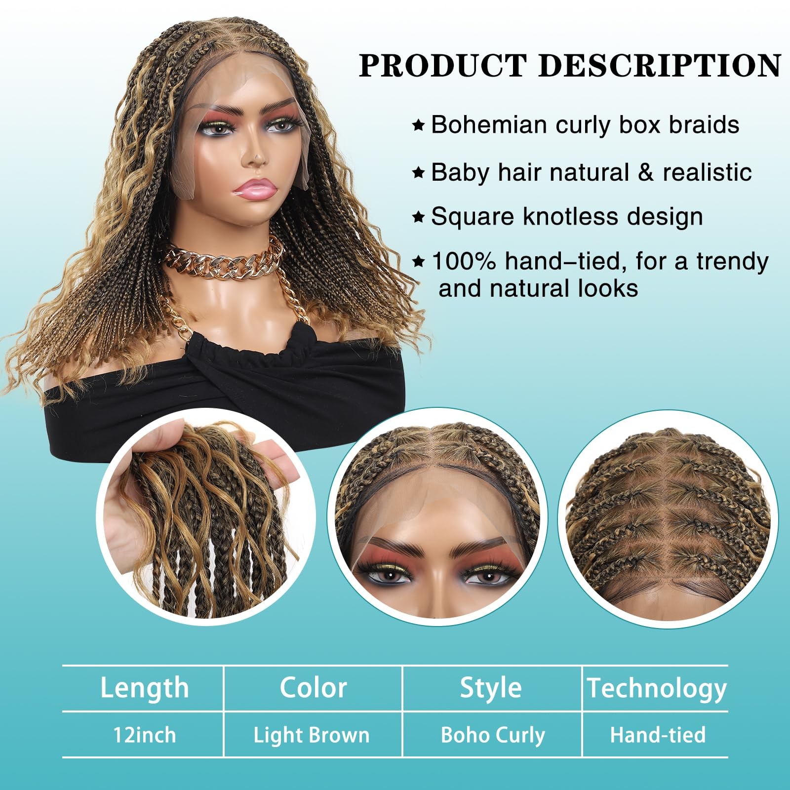 Kalyss 12Inch 13X8 Hd Lace Front Short Boho Braided Wigs For Women Full Lace