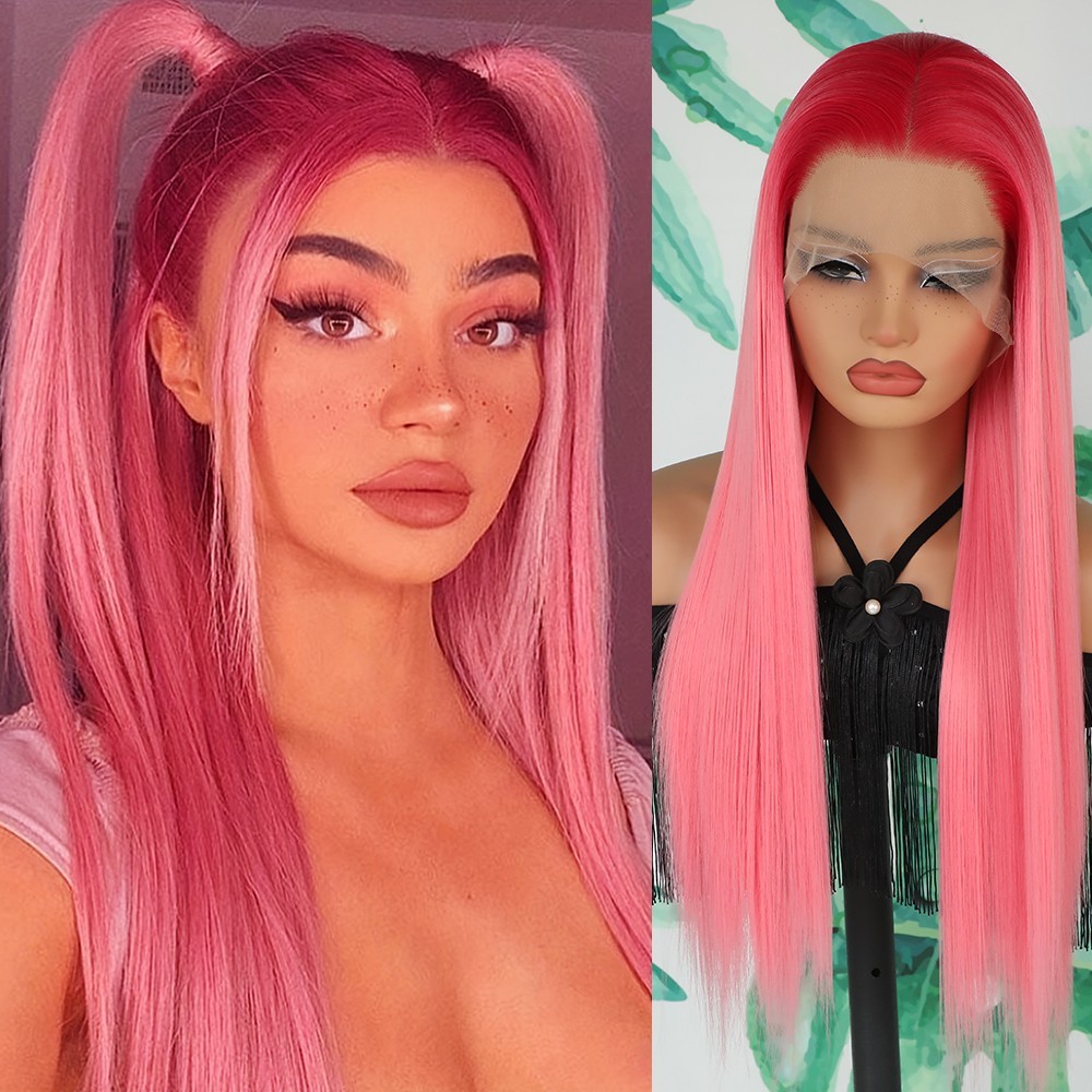 Ombre Peach Pink Red Color Straight Hair Synthetic Lace Front Wigs Women Party