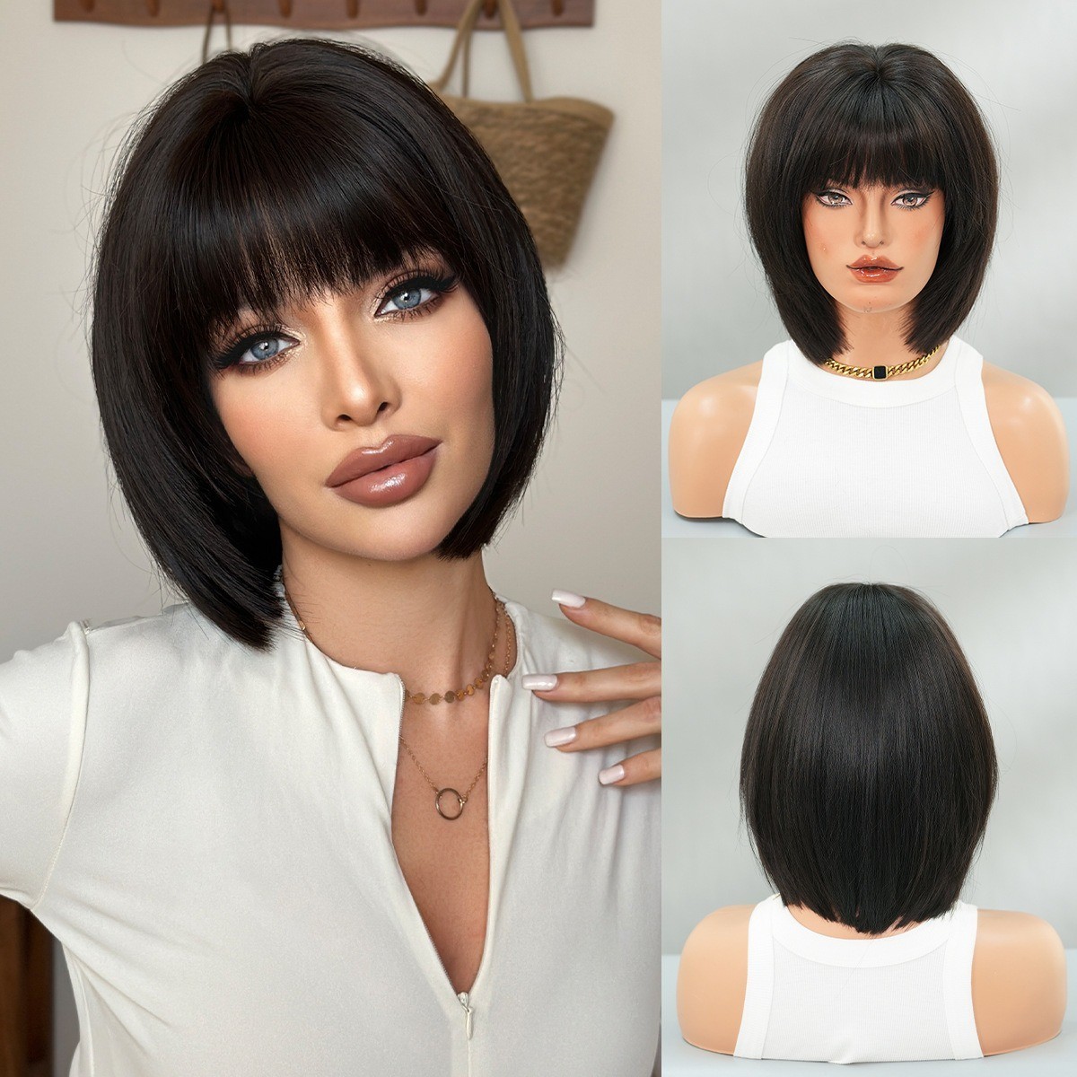 Black short hair wig with full head cover and pompadour hairstyle