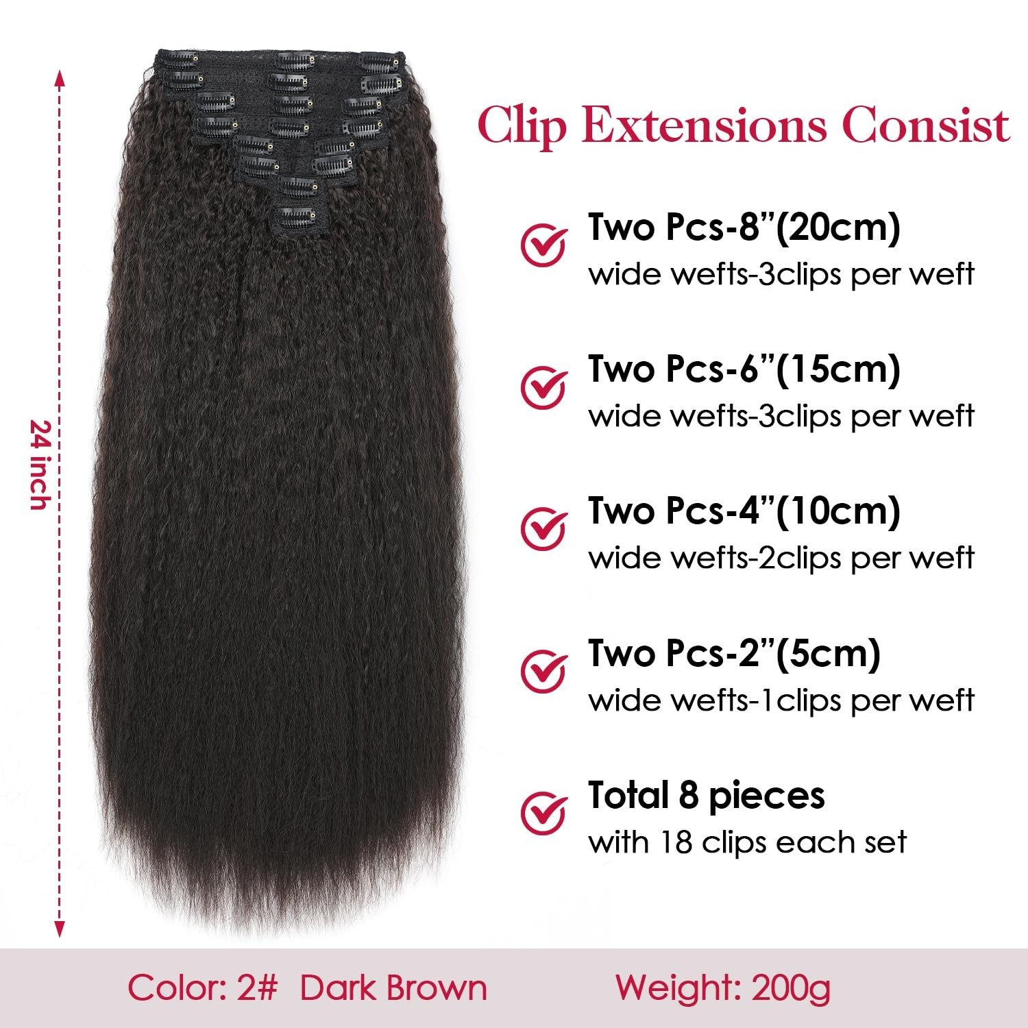 OLQZJZJ Kinky Straight Clip In Hair Extensions,24inch 200G 8pcs,100% Pure Protei