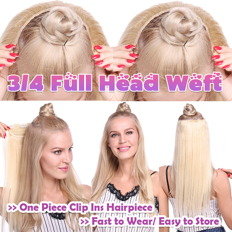 One Piece Clip In 100% Real Remy Human Hair Extensions Half Head Hairpiece Blond