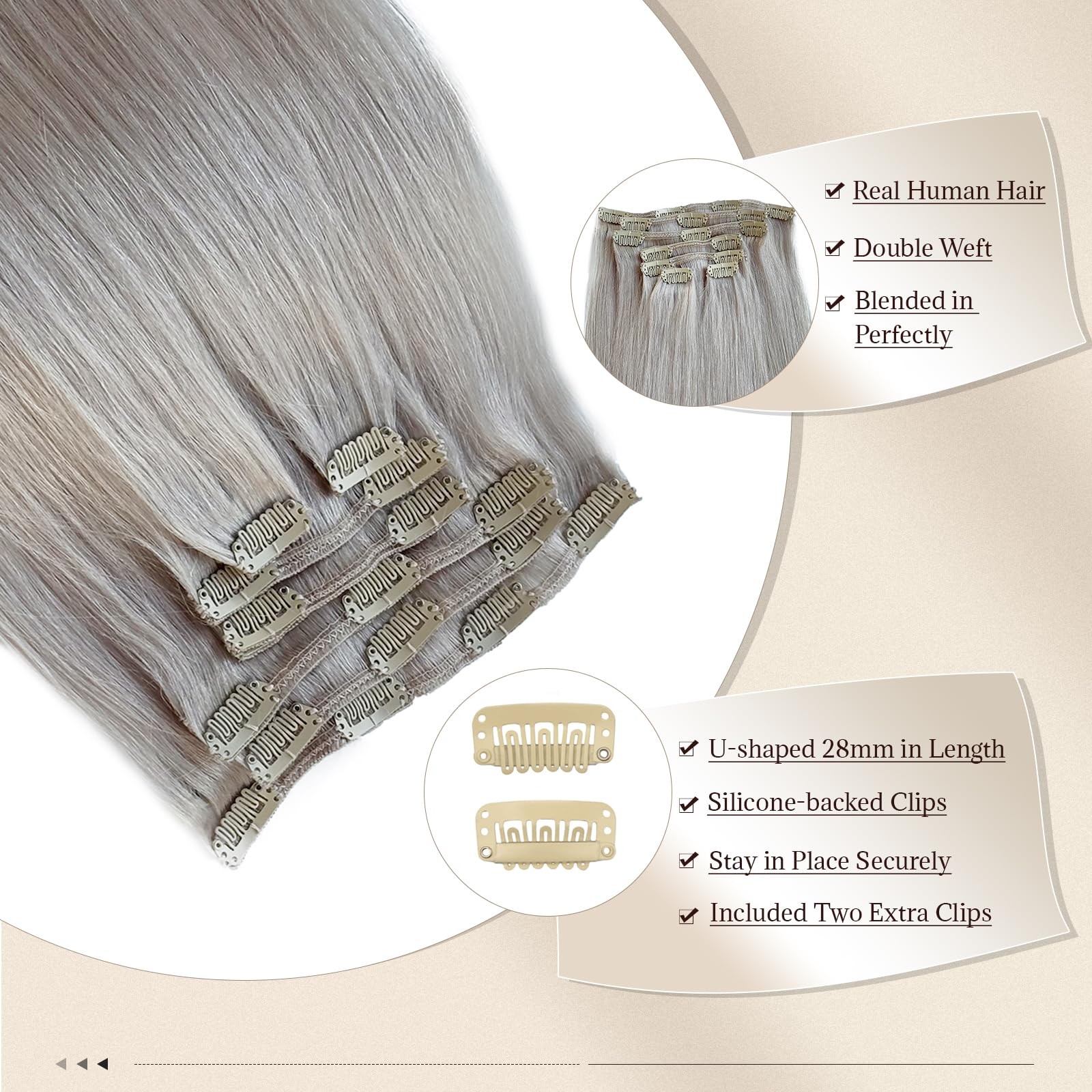Gray Silver Clip in Hair Extensions 20 Inch 70G Silky Straight Silver Human Hair