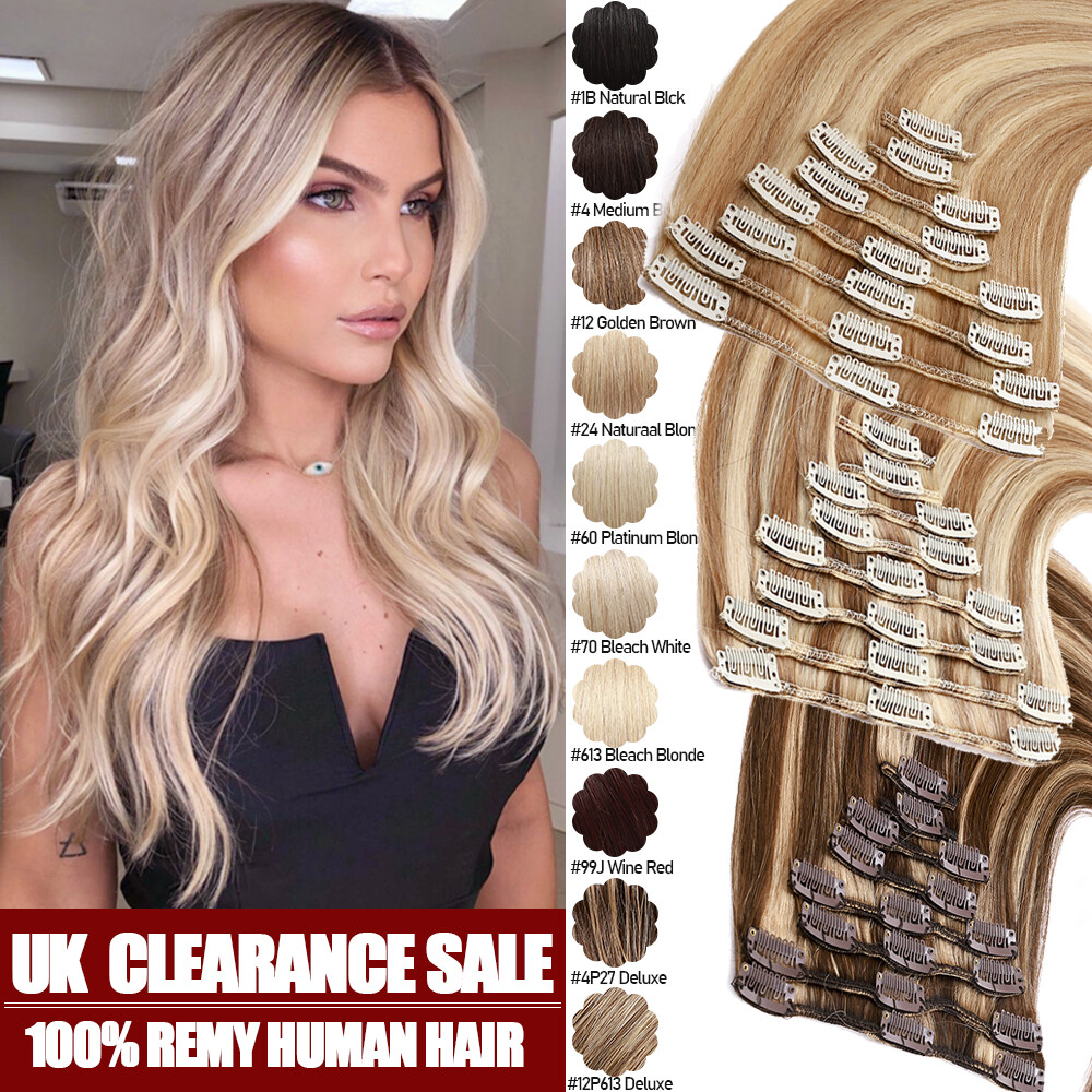 CLEARANCE 100% Human Hair Seamless Clip in Remy Hair Extensions Full Head 18″70g
