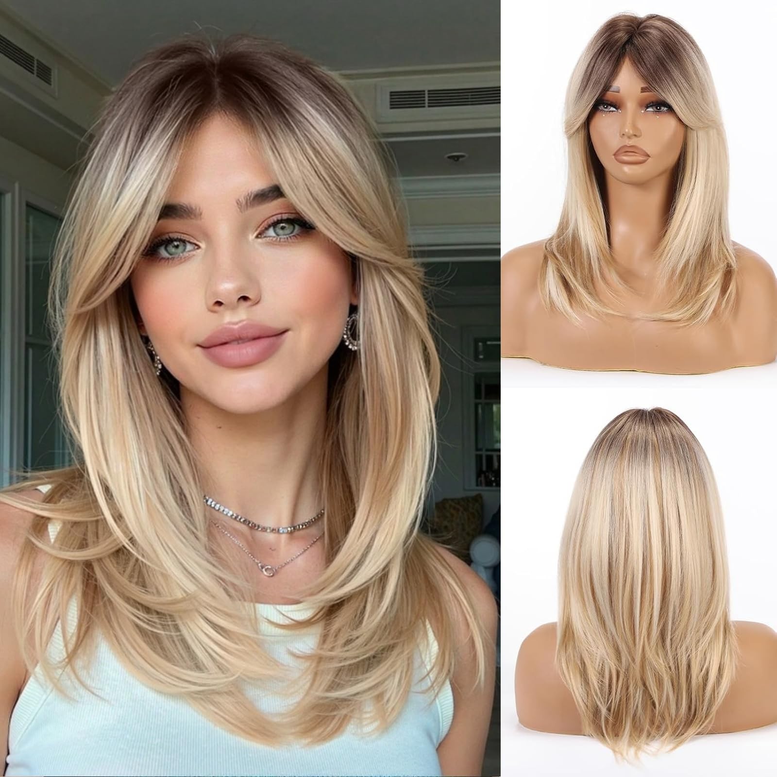 Mixed Blonde Wig with Curtain Bangs Medium Length Layered Hair Wig for Women …