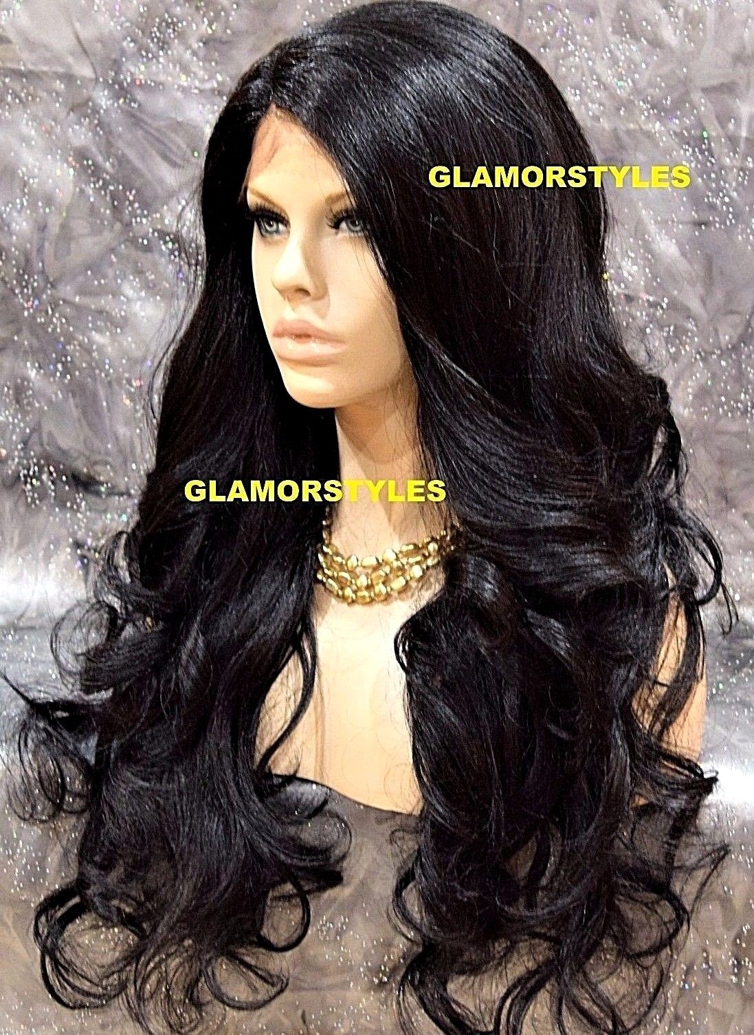 LACE FRONT FULL WIG LONG WAVY LAYERED SIDE PART OFF BLACK #1B HEAT OK NWT