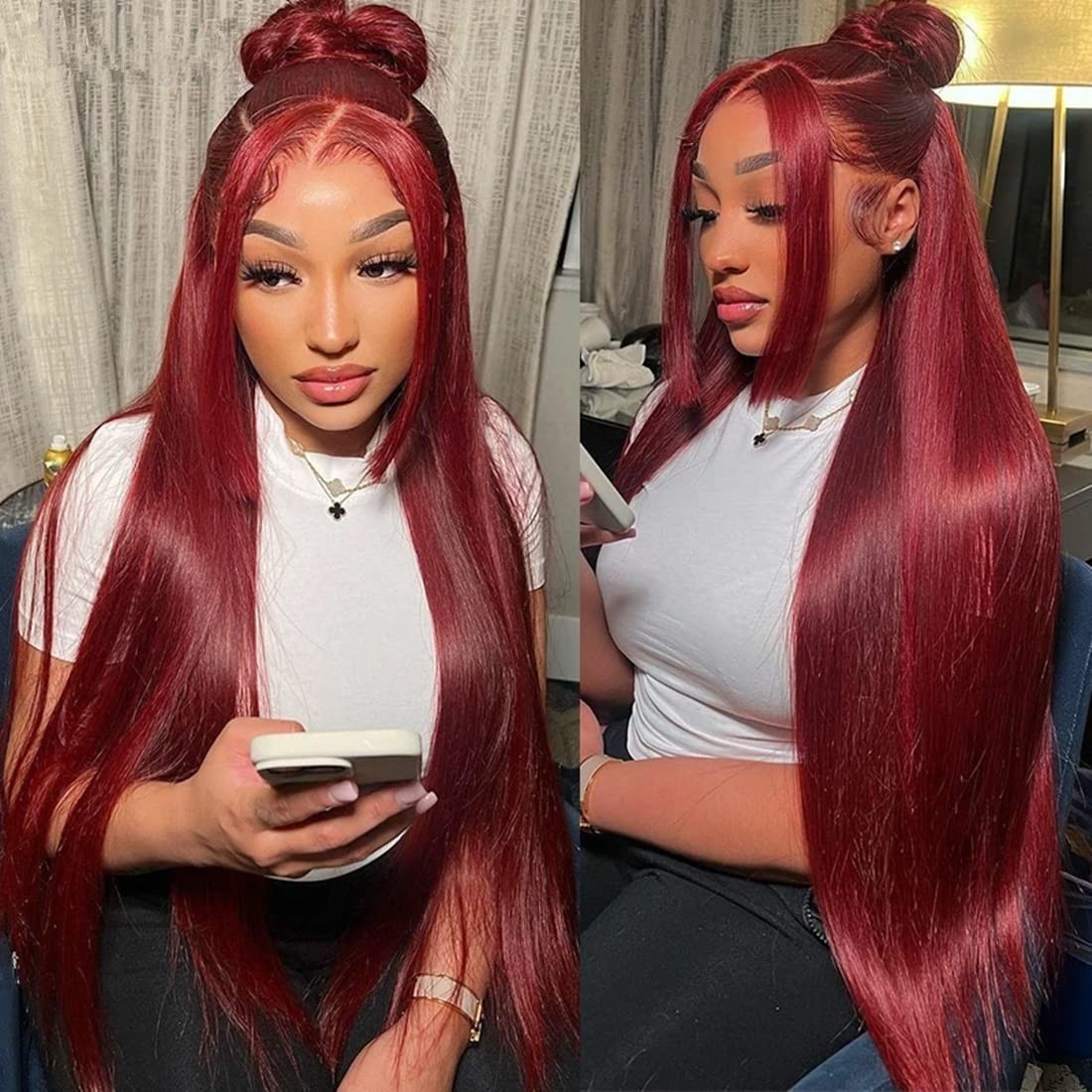 13×4 Burgundy Red Lace Front Human Hair Wig Straight 150% Density 22in 99J
