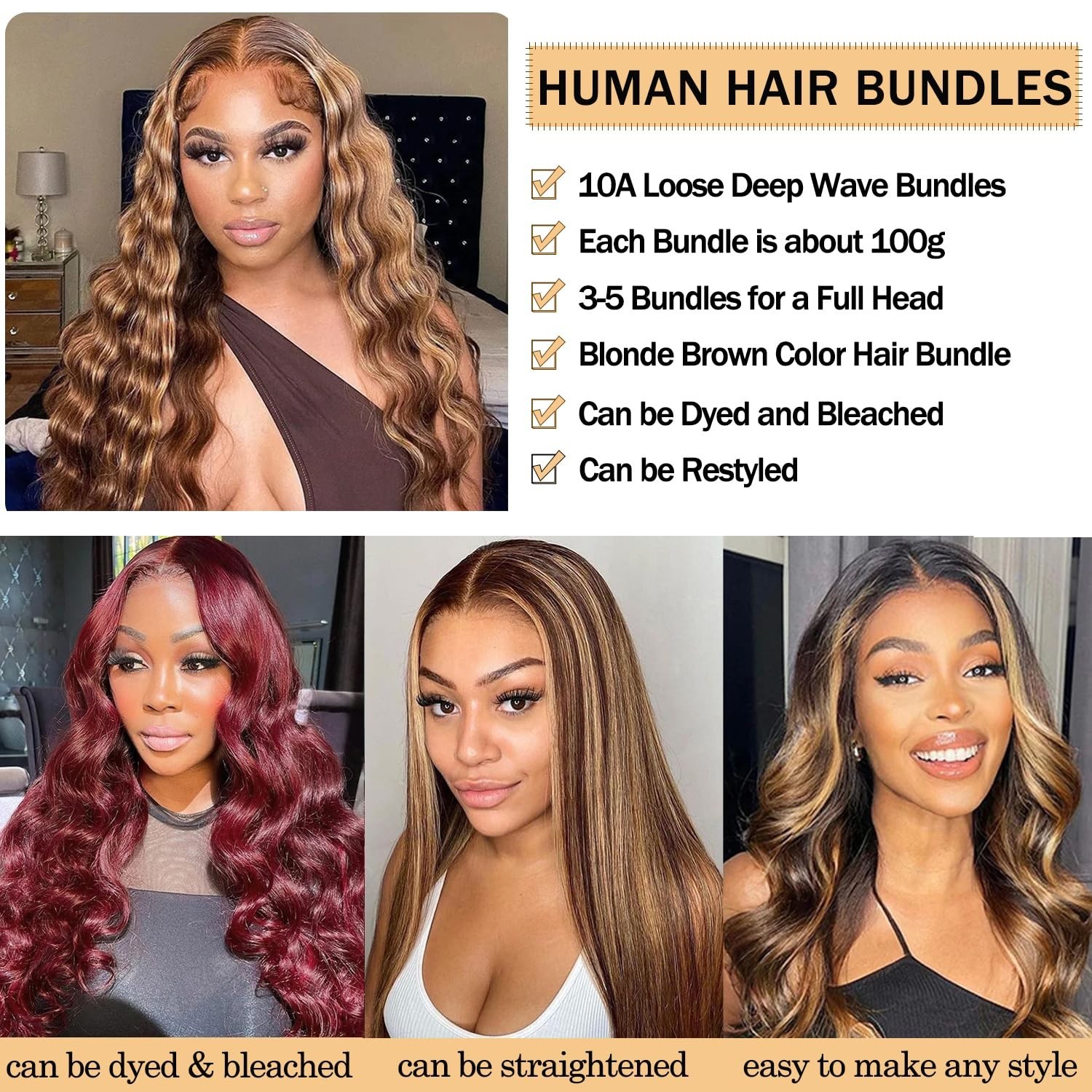 10A Raw Human Hair Bundles with 4×4 Lace Closure, Ombre Loose Deep Wave 20-24