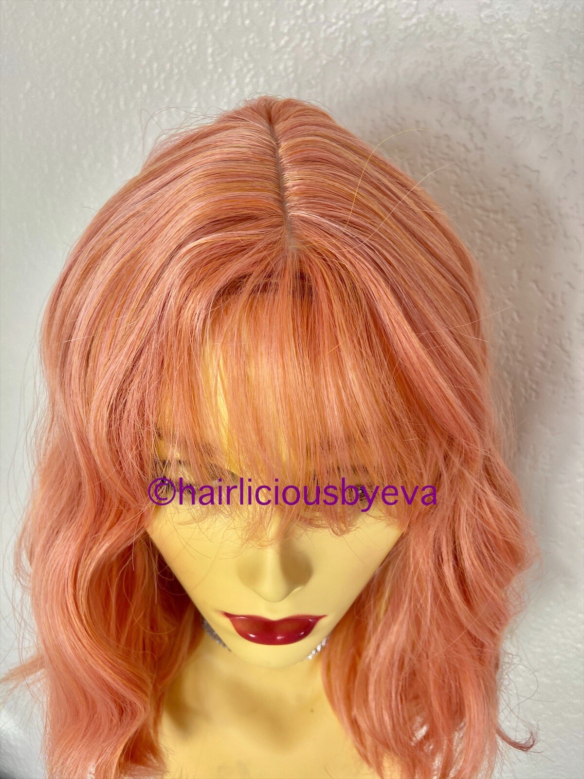 Pastel Rose Gold Pink Wig With Bangs Wavy 12 Inch Long Heat Resistance Ok