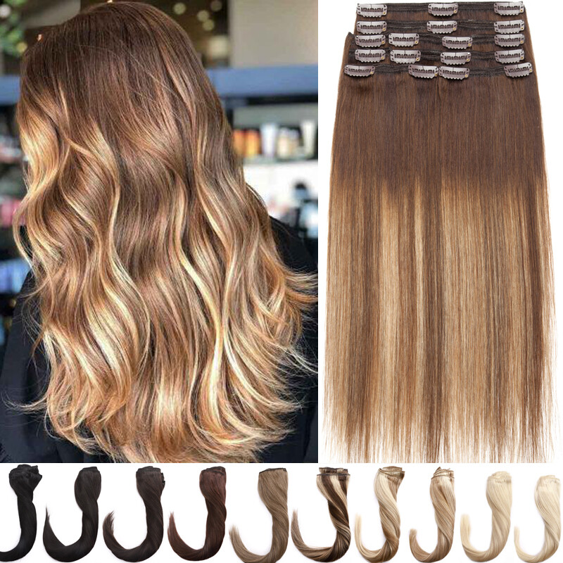 Thick Human Hair Double Weft Clip In Real Remy Weave Extensions FULL HEAD 12-24″