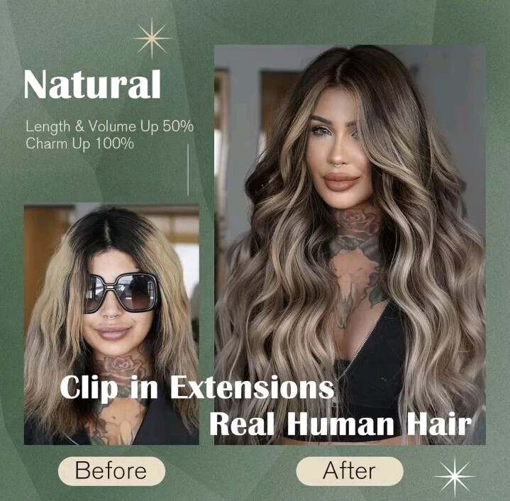 Ugeat Straight Clip in Hair Extensions Balayage Brown With Blonde Hair, 5pc-12in
