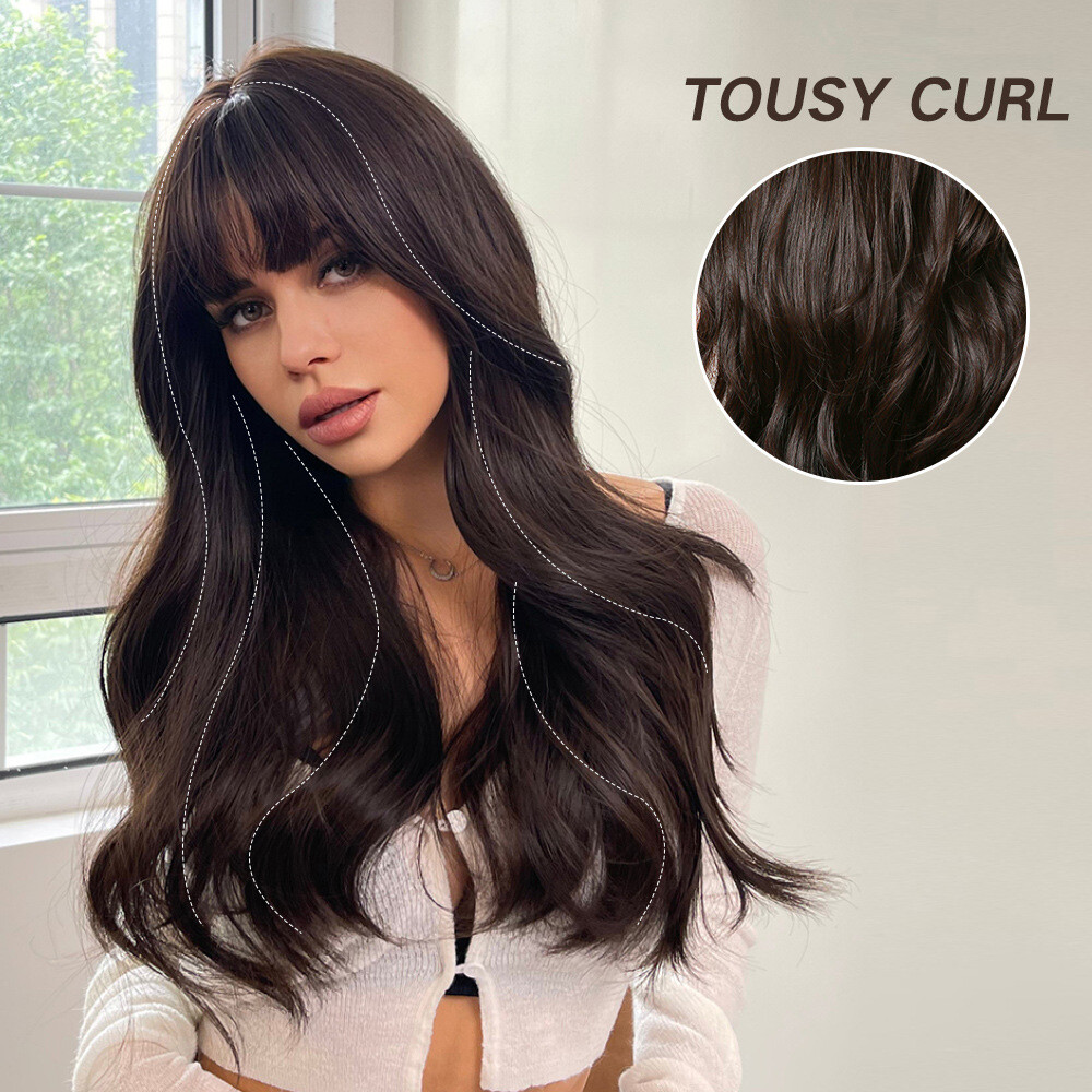 1 Set Long Wigs Lace Front with Bangs Wave Synthetic Hairs Tousy Curl Natural