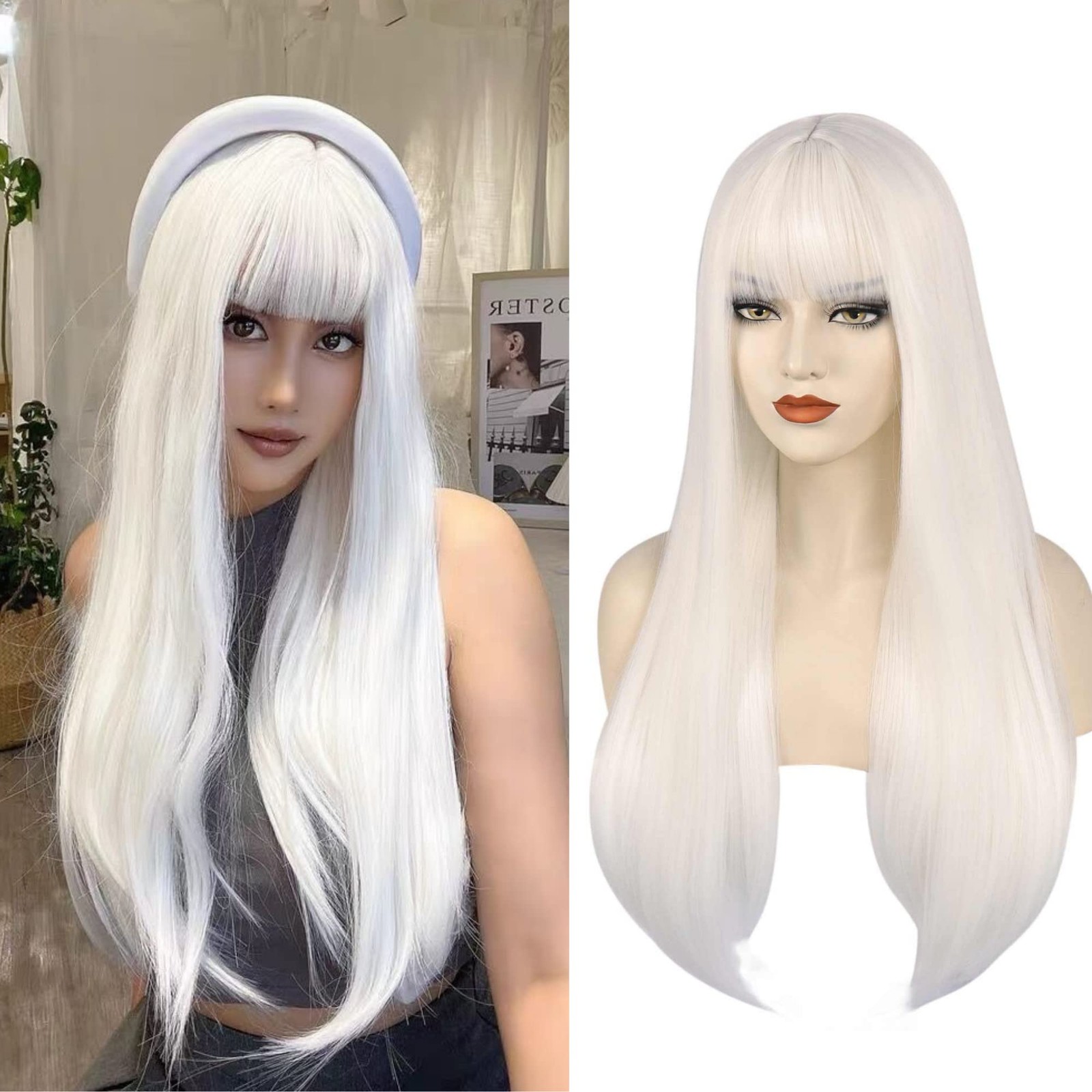 Hair Cap+ 26 Inch Long Straight White Wigs with Bangs Silver Synthetic Hair A…