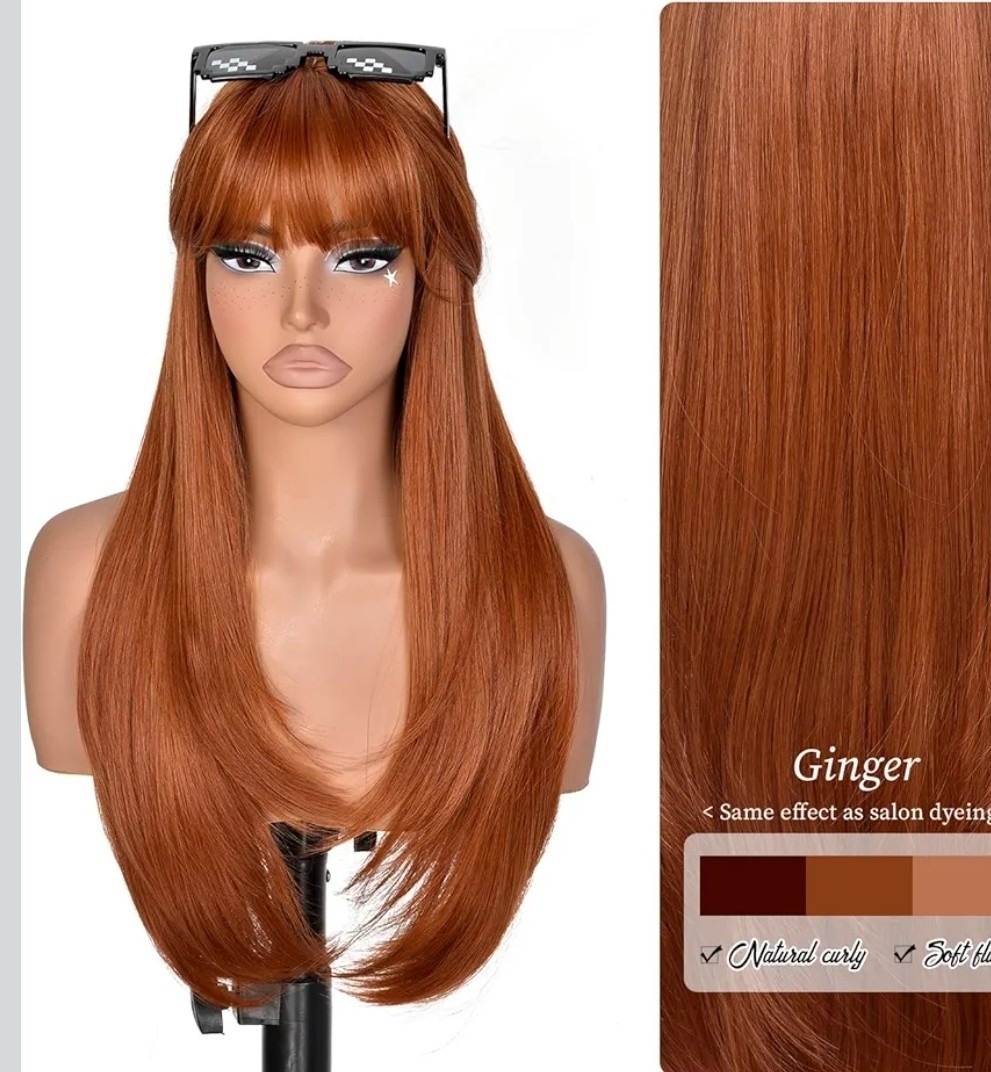 Wig Long Layered Straight with Bangs Auburn / Copper / Red heat resistant Hair