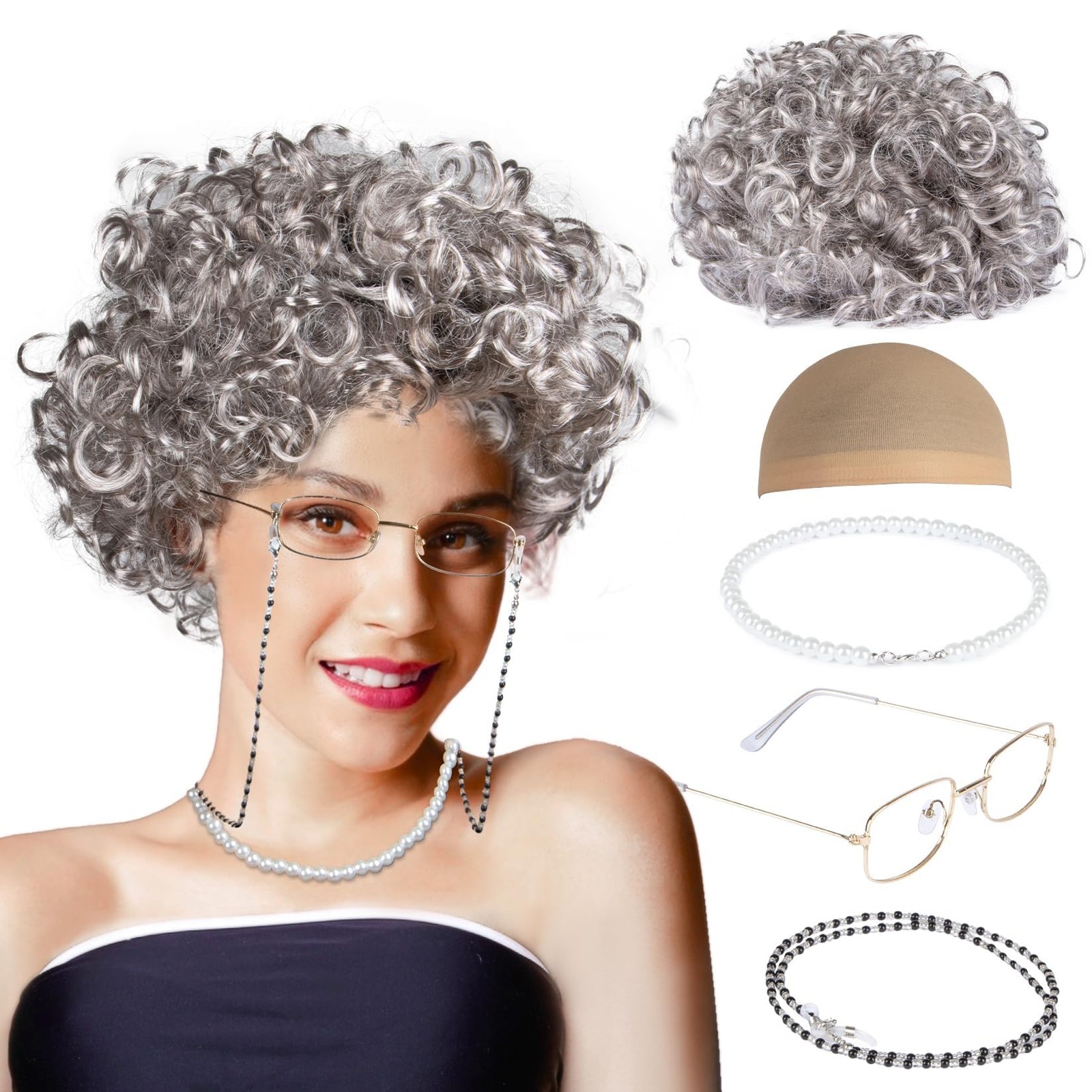 Granny Wig Old Lady Costume Set Elderly Woman Accessories Fun Wigs Light Gray