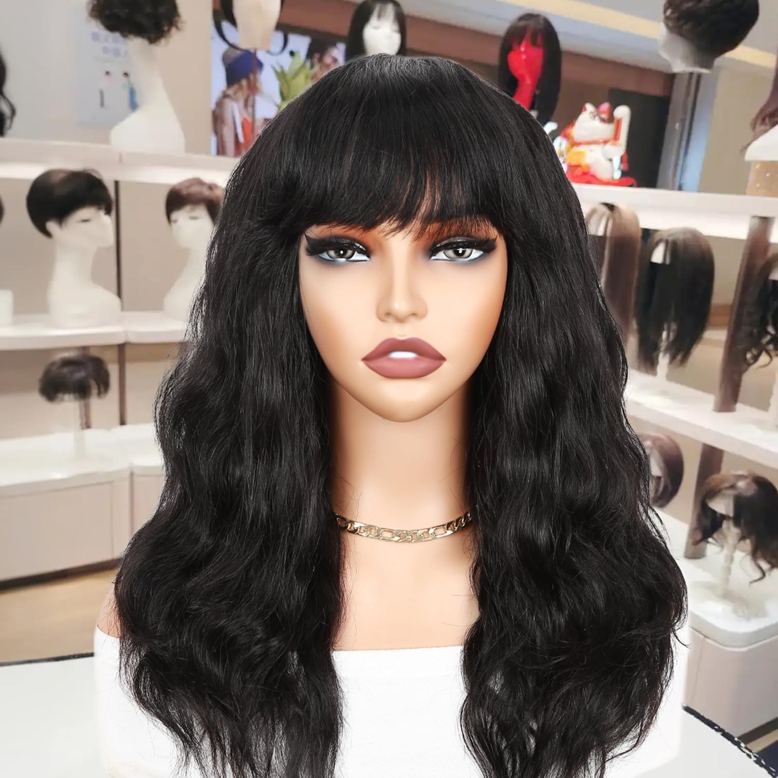 Wiger Human Hair Wavy Wigs For Black Women Natural Wave Wig Bangs Glueless