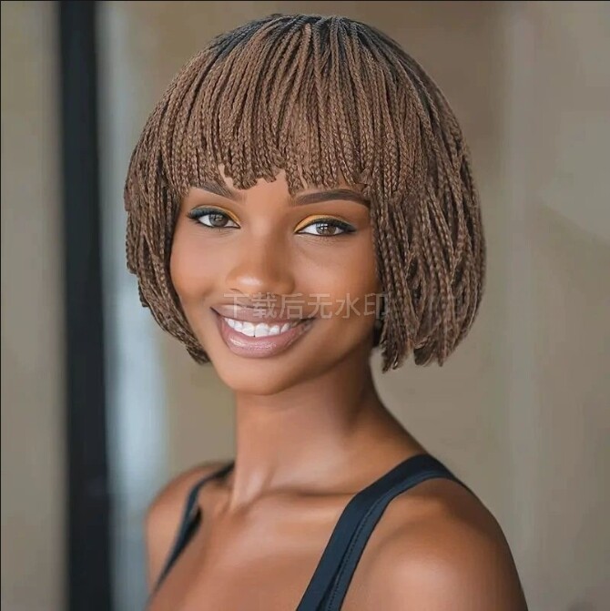 Ombre Brown Short Bob Box Braided Wig with Bangs for Black Women Daily Use