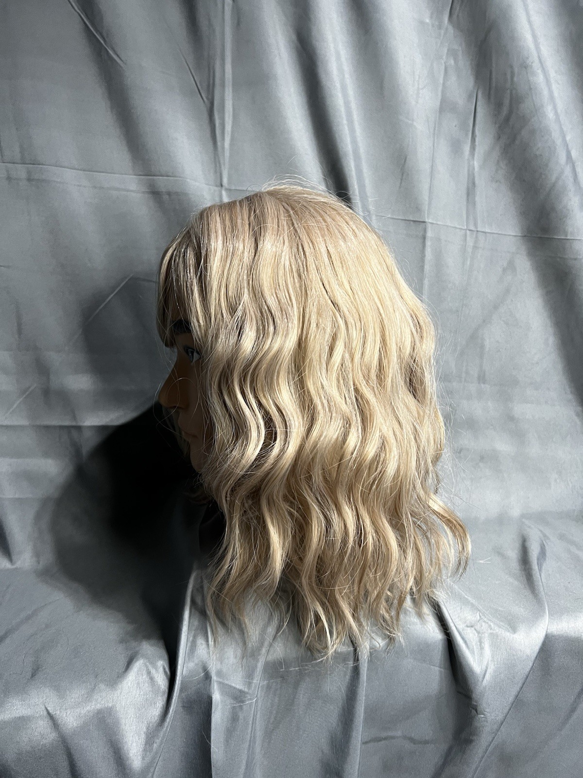14” Medium Shoulder Length Wavy Blonde Wig with Bangs Heat Resistant Synthetic