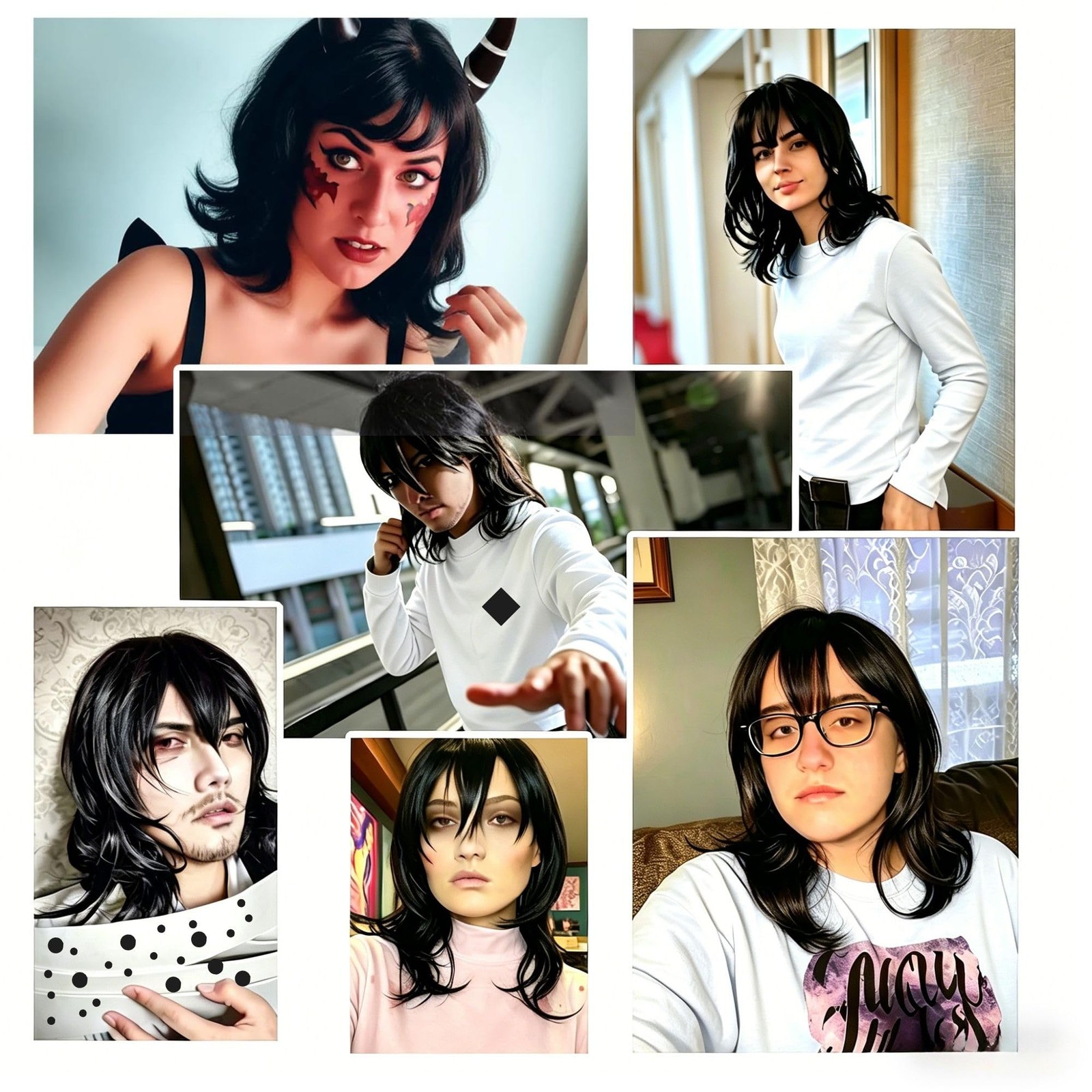 17in Black Long Wavy Wig with Bangs Mens Black Medium Length Wigs