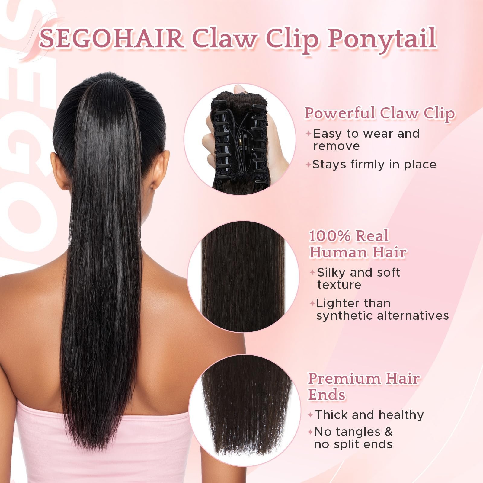 Segohair Human Hair Claw Clip Ponytail Extension 100 Real Human Hair Clip-In