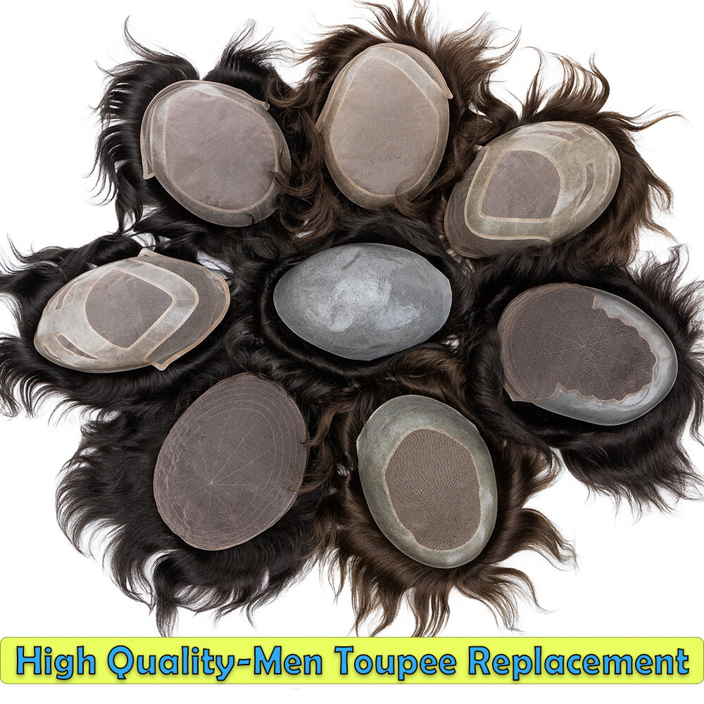 Toupee Men Hair System Full Poly Skin PU Human Hair Replacement Hairpiece Wig US