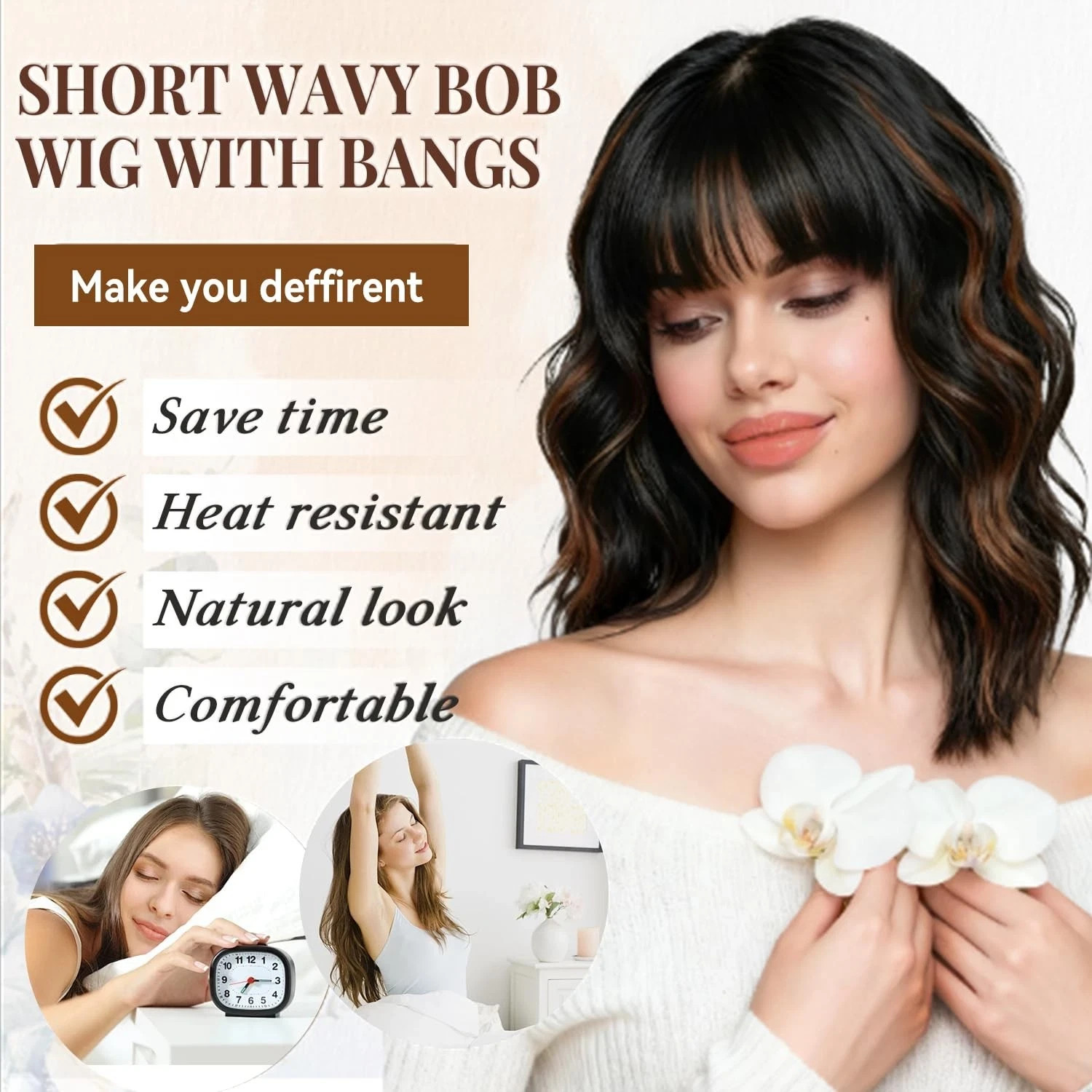 14″ Black Mixed Brown Wig with Bangs Short Wavy Bob Wigs for Women Synthetic