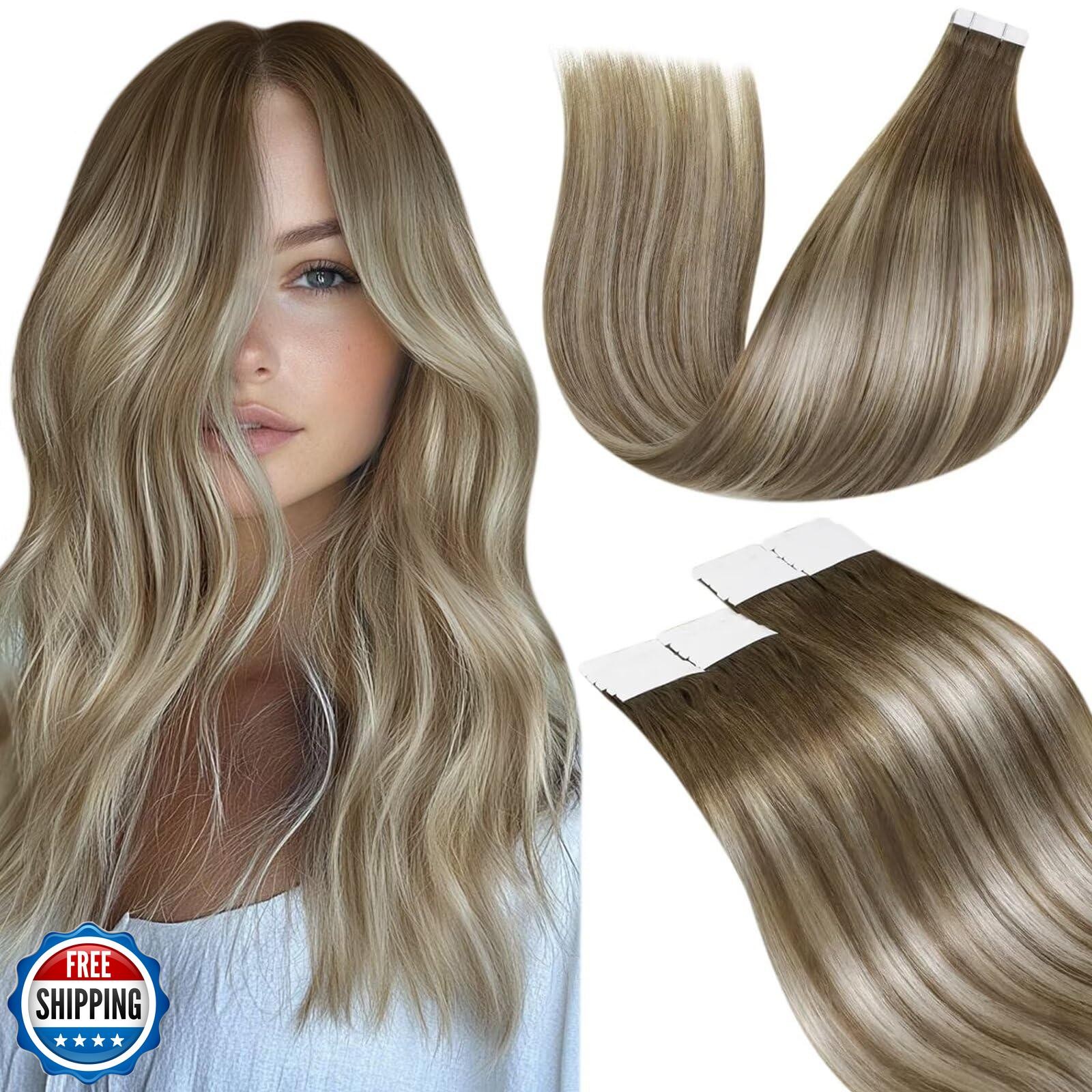 LaaVoo Tape in Hair Extensions Human Hair Balayage Hair Extensions Tape in Li