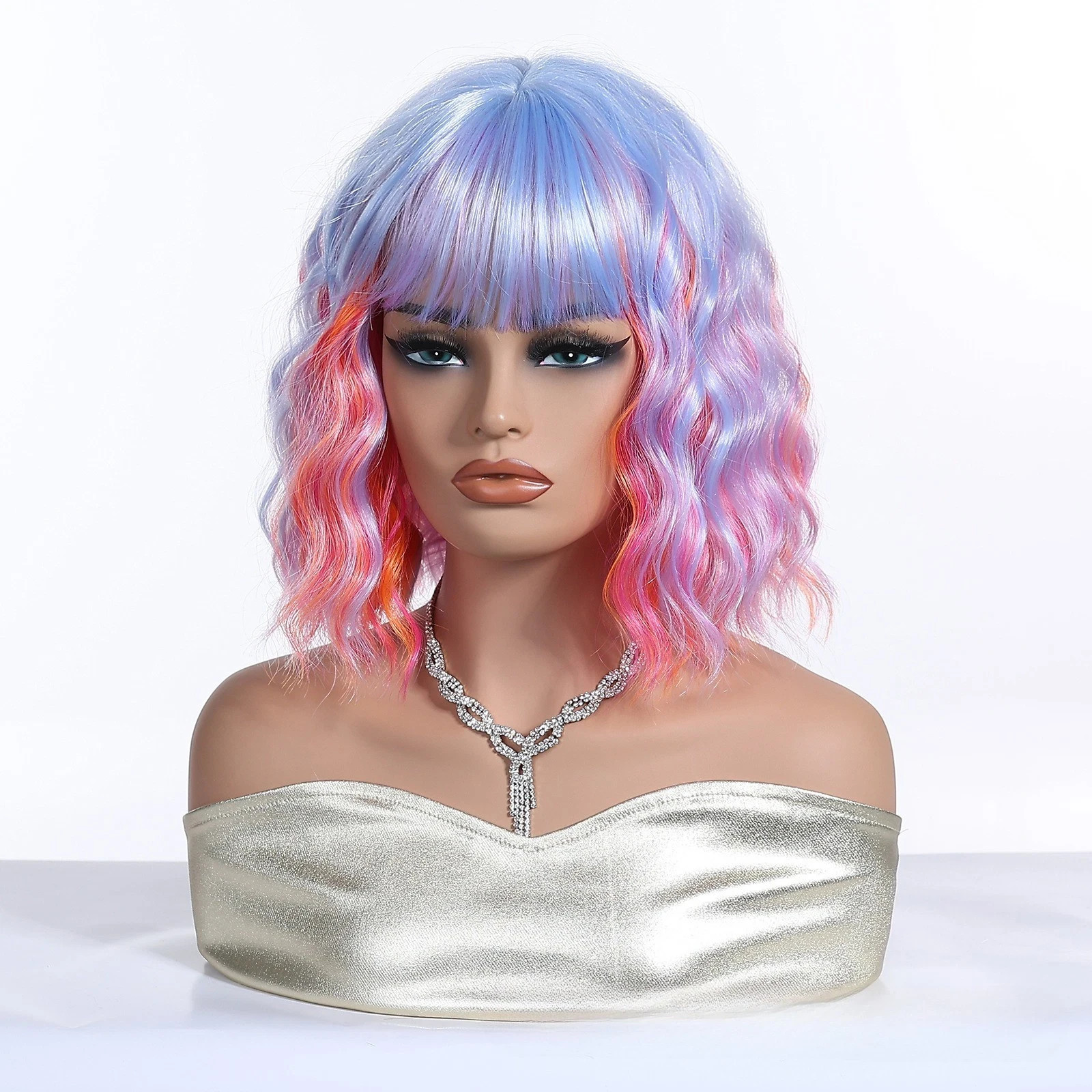 Cosplay Wig Pink Hightlights Wigs with Bangs Short Wavy Bob Wig for Women Girls