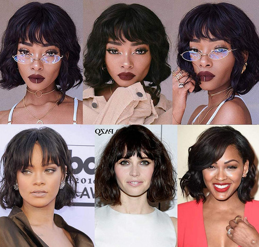 100% Remy Human Hair Wig Short Black Slight Wave Wig with Bangs Lace Front Wigs