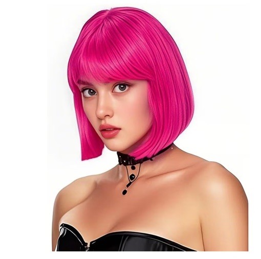 Rose Bud Hot Pink Bob Wig with Fringe 12 Inch Short Straight Costume Wigs For