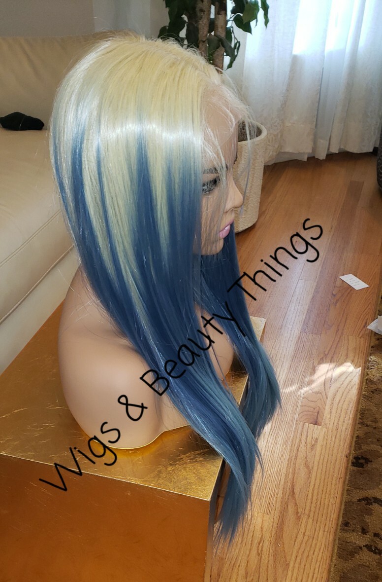 Long Front Lace Wig – Human Hair Blend – Blue Balayage Rainbow Multicolor silk