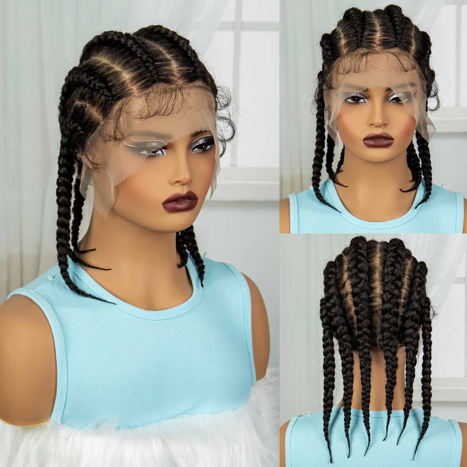 Full Lace Cornrow Box Braided Wig Fiber Lace Front Braids Wig with Baby Hair US