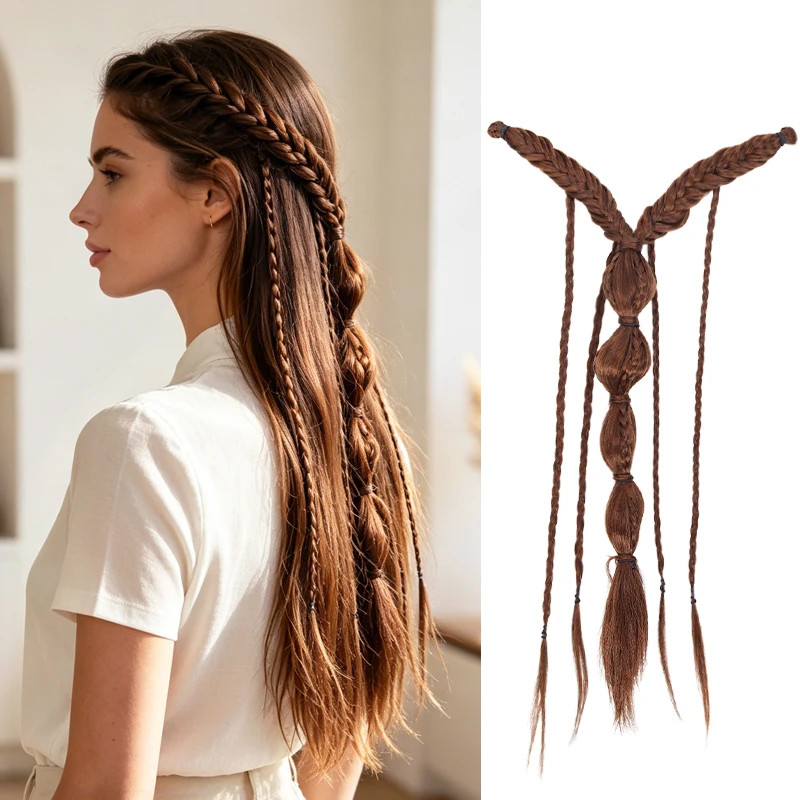 Women Elf Style Braided Half Head Hair Extensions Synthetic Fiber with BB Clips