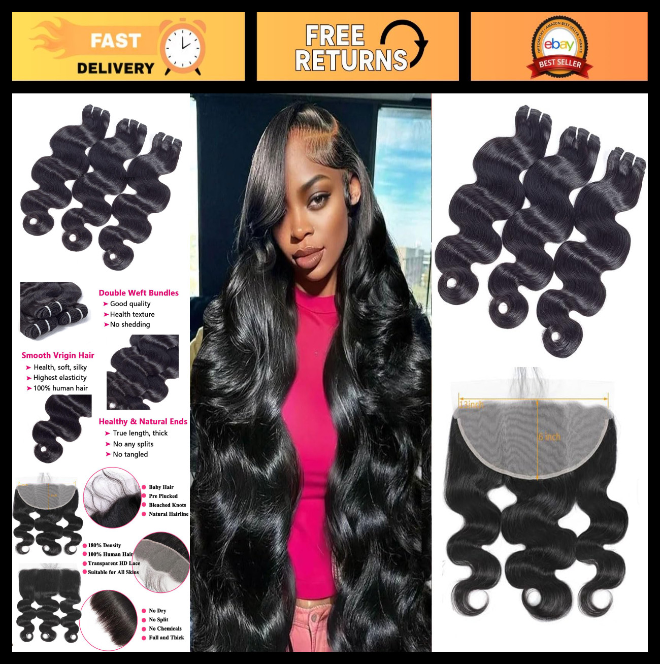 15A Body Wave Human Hair Bundles with 13×6 Lace Frontal Closure, 16-20 inch