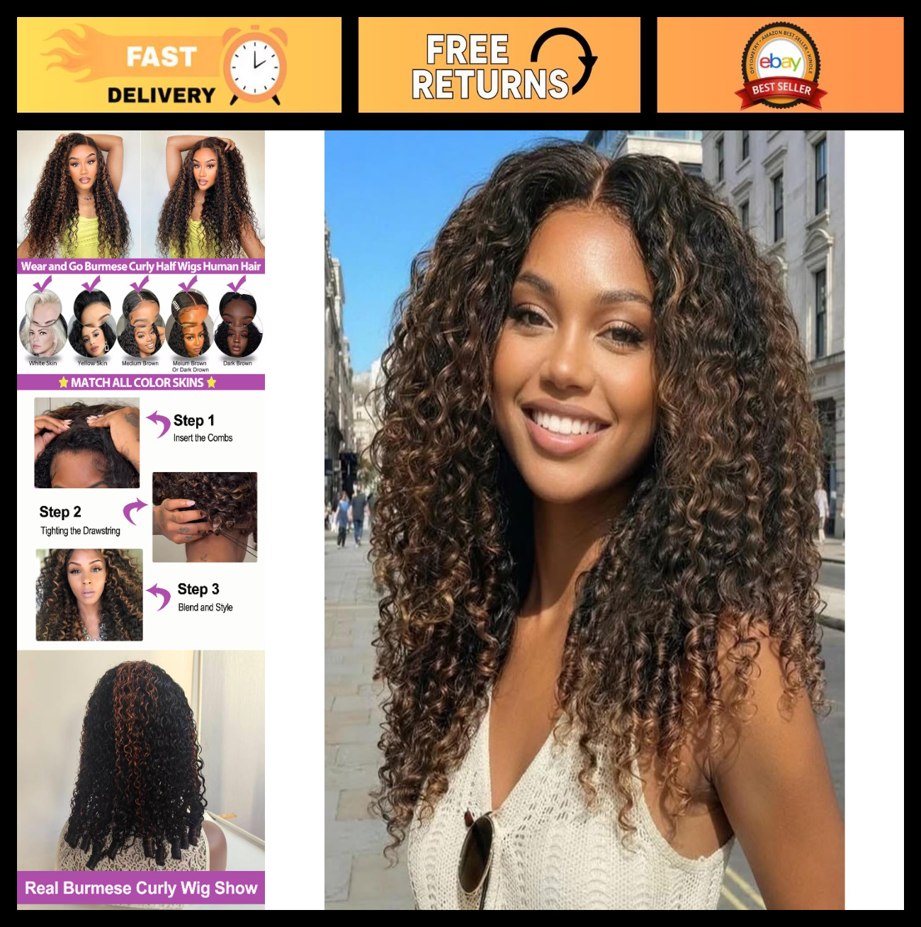 Glueless Human Hair Half Wig 28″ 200 Density Curly Drawstring 1B/30 Highlights