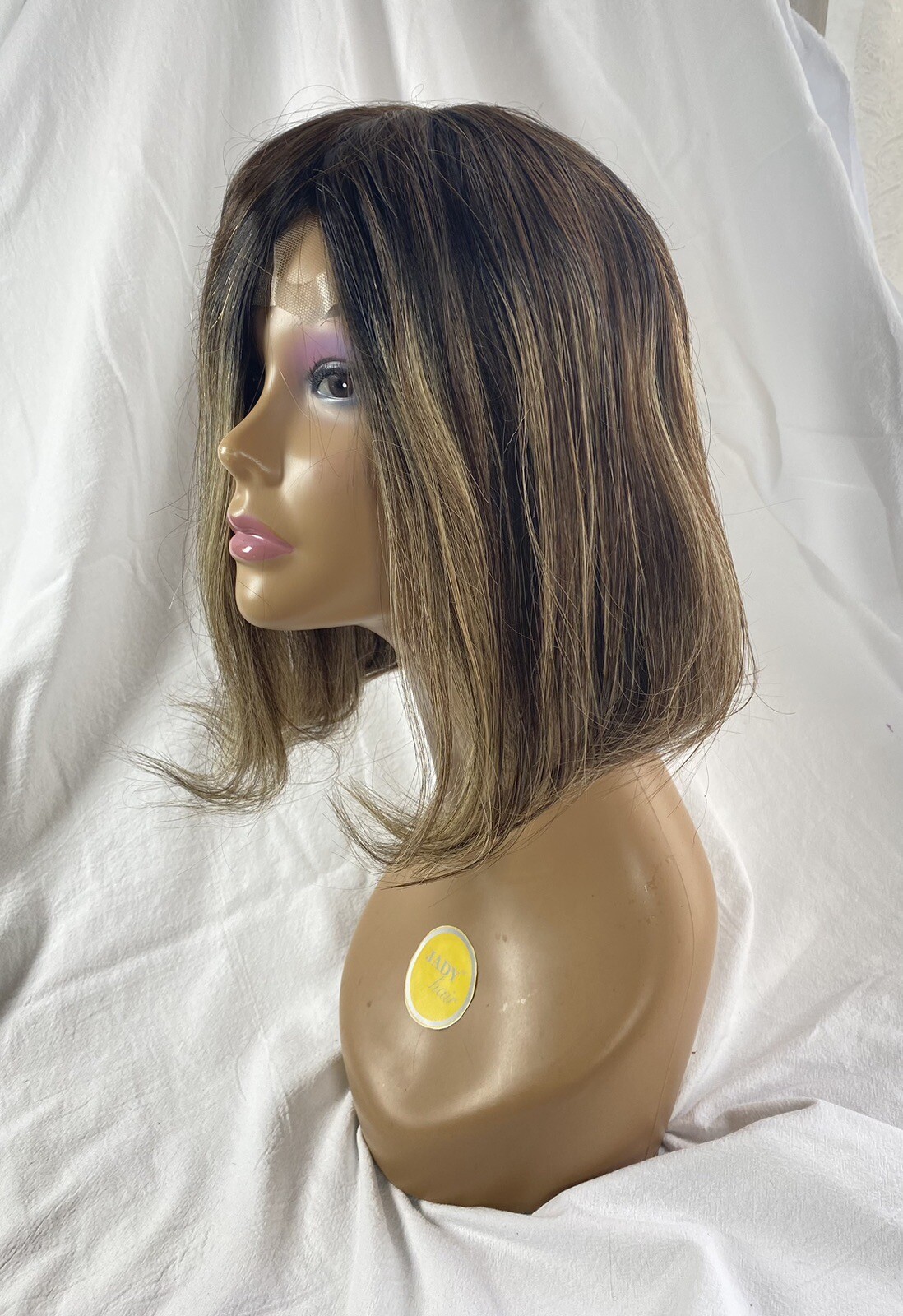 100% Human Hair Wig 12” BOB Hand Knotted Swiss lace Top And Front, Wefts Back