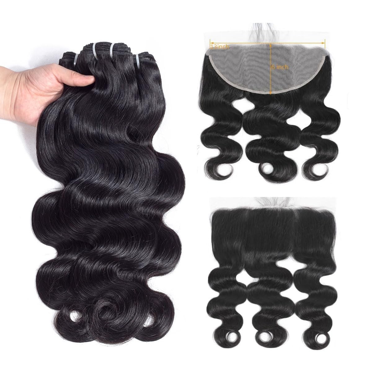 15A Body Wave Human Hair Bundles with 13×6 Lace Frontal Closure, 16-20 inch
