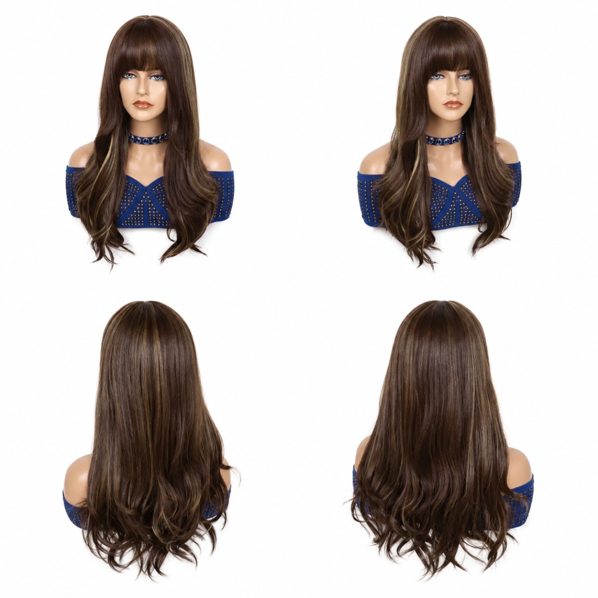 Long Wavy Mixed Brown Cosplay Wig With Bangs Synthetic Hair Heat Resistant