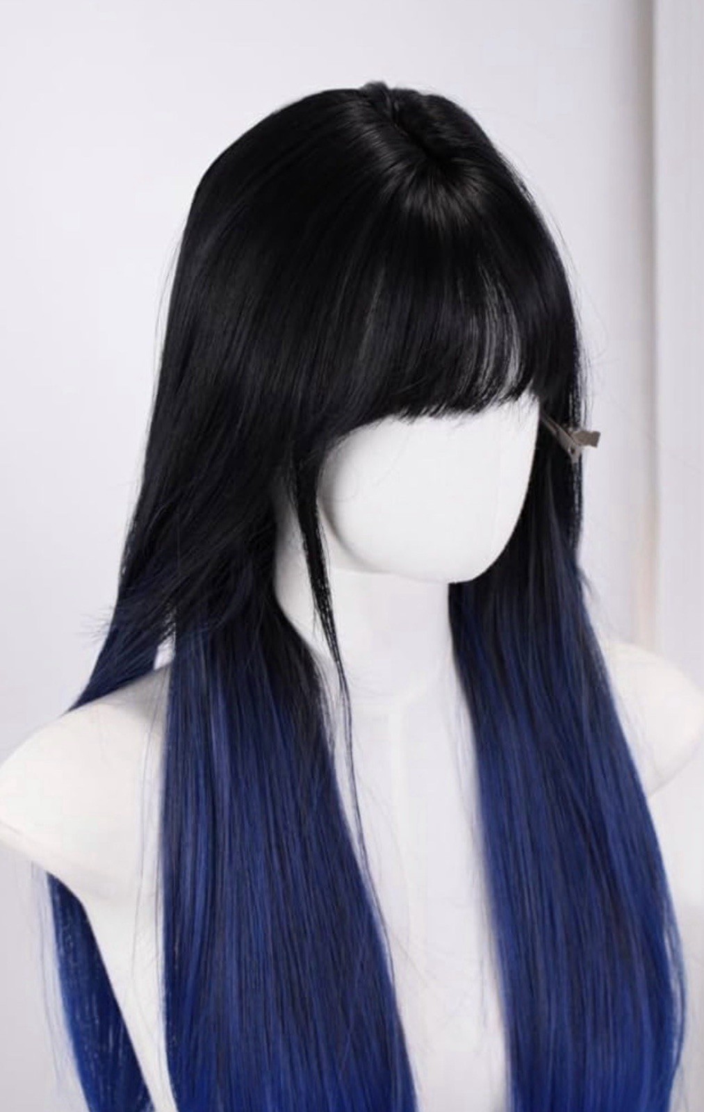 Cos Wig Ombré Blue Black Matte Straight Heat Resist Realistic Scalp + Cap Bangs