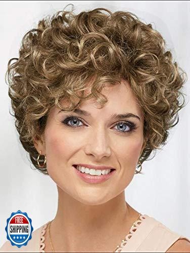 Baruisi Short Curly Wavy Blonde Brown Wigs for Women Natural Looking Syntheti