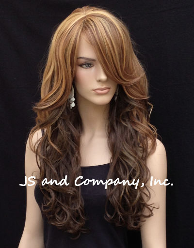 Human Hair Blend Full WIG HEAT OK WAVY Long WBCA Brown auburn blonde 8-12DS