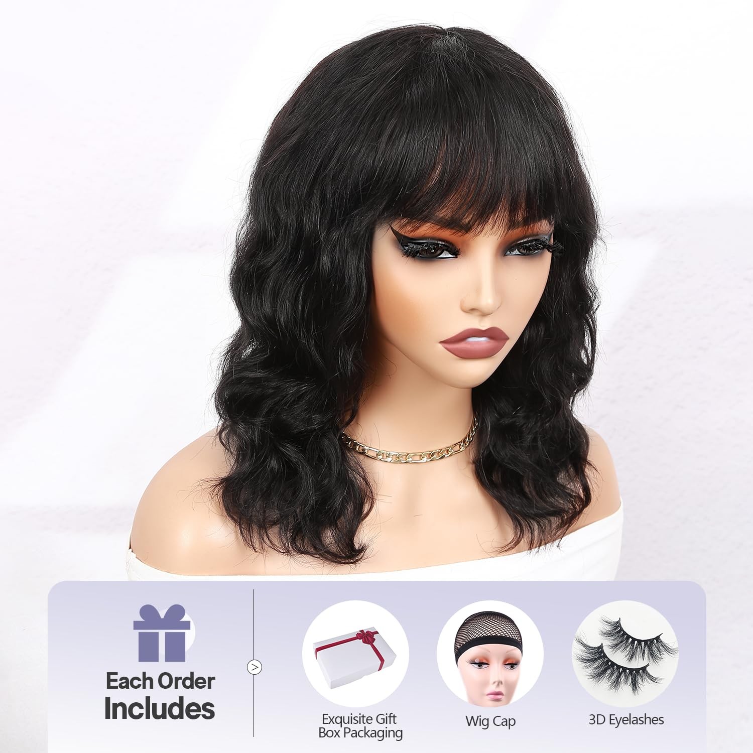 Wiger Human Hair Natural Wave Wigs Bangs Black Wavy Bob Wigs For Black Women
