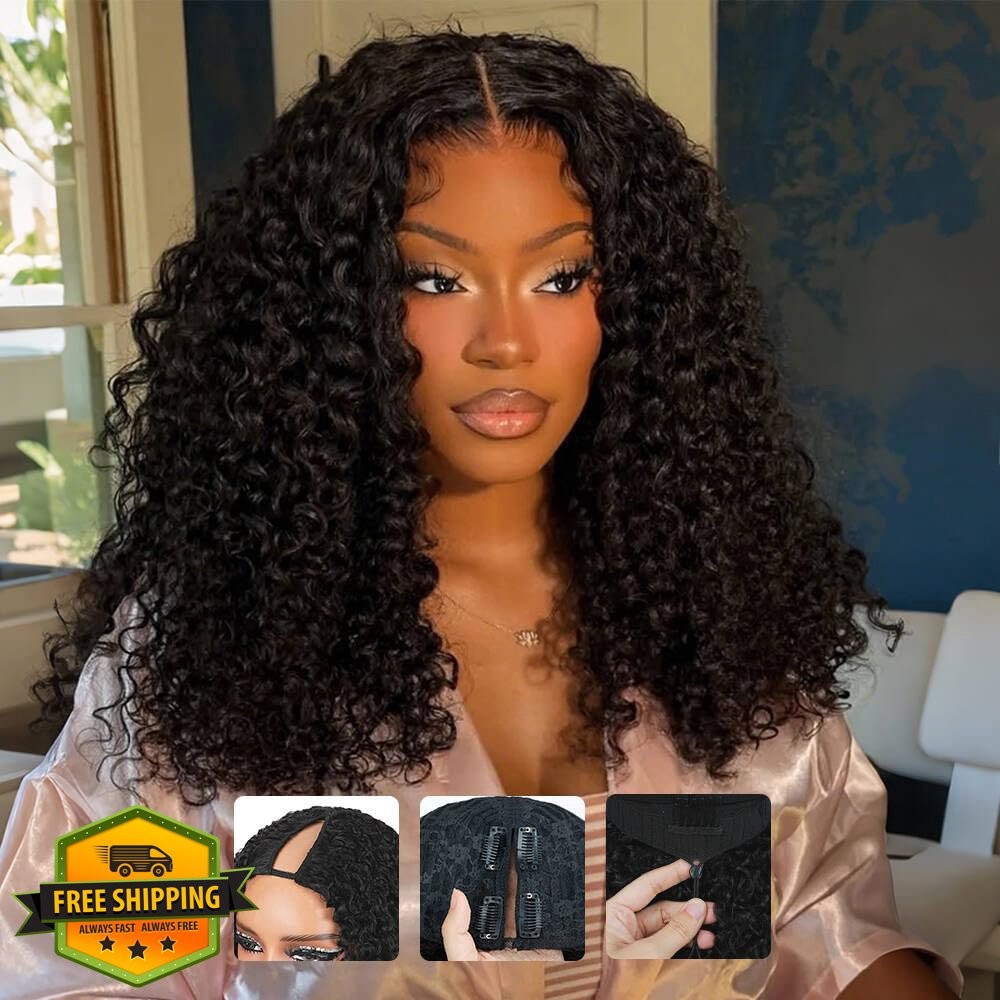 Mamushow 22″ V Part Wig, Burmese Curly Human Hair, Glueless V Shape Natural B…