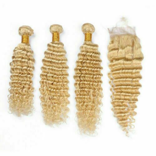 12A BRAZILIAN VIRGIN HUMAN HAIR 16+18+20&14 CLOSURE DEEP WAVES BLONDE 613# 350g