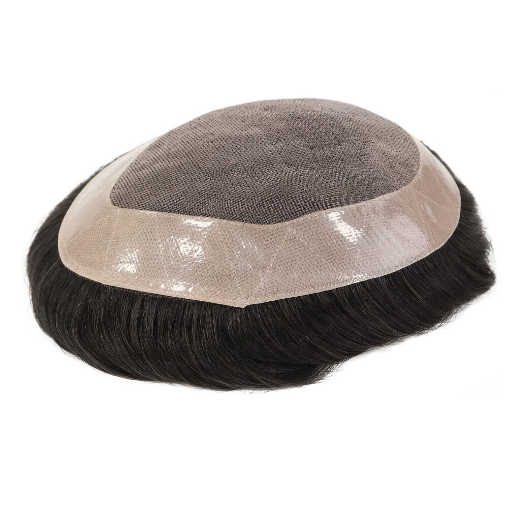 Mens Toupee Human Hair Replacement System Durable Fine Mono Lace Poly Hairpiece
