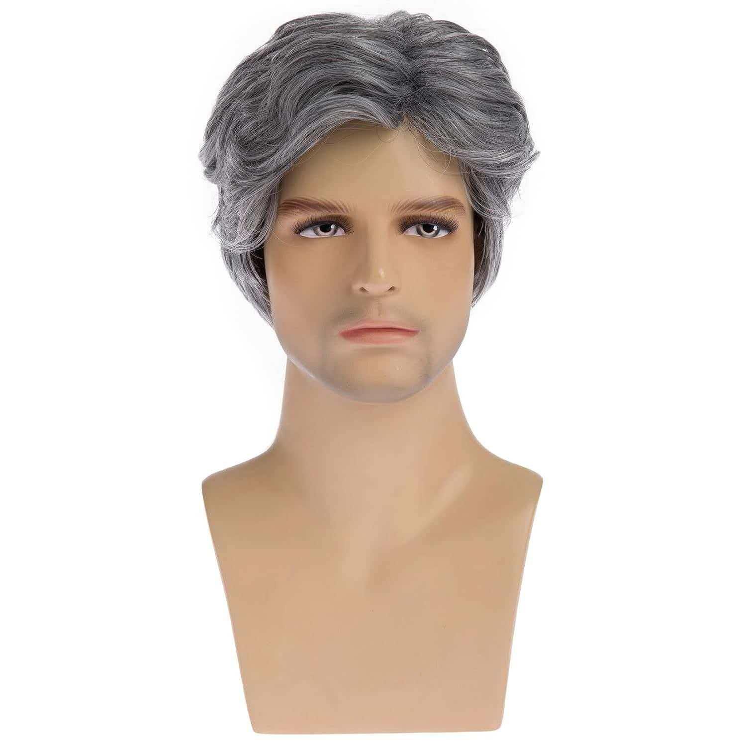 Men’s 6in Short Silver Gray Wavy Wig Full Heat Resistant Synthetic Cosplay