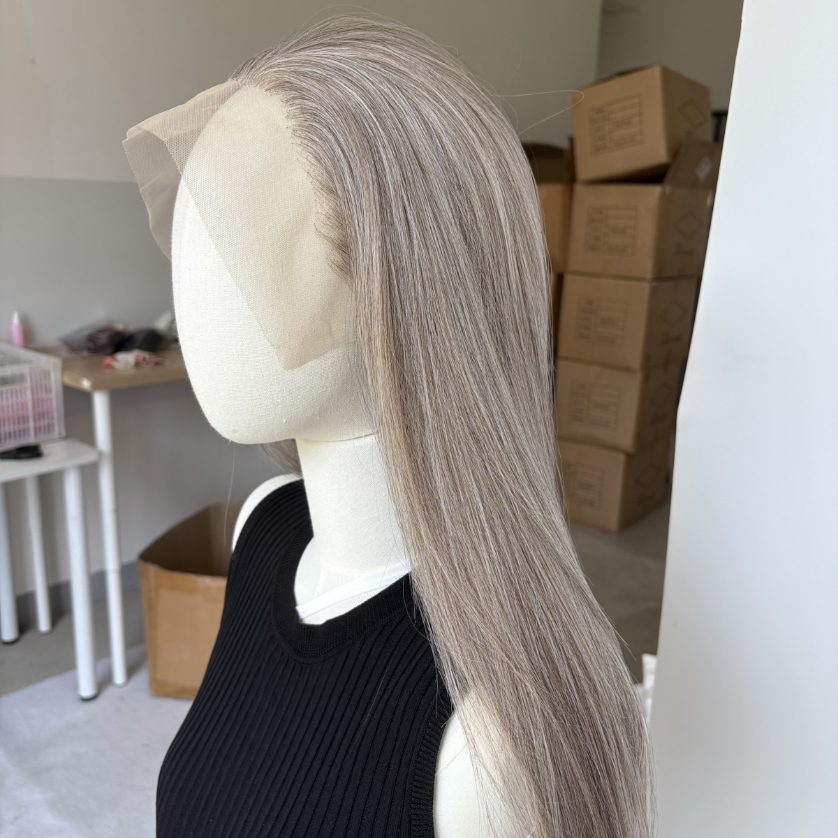 Long Straight Frontal Lace Wig Synthetic Hair Heat Resistant Natural Mix Grey