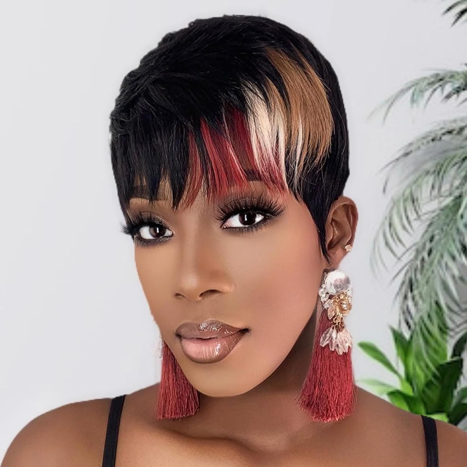 SAEIALL Pixie Cut Wig for Black Women Human Hair Multi-color Pixie Wig with Bang