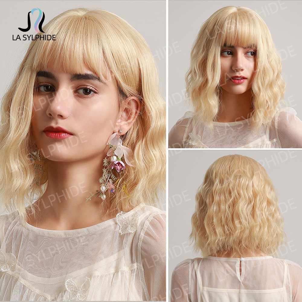 High Crown Brown Short Water Wave Wig with Bangs for Women Multicolor Synthetic